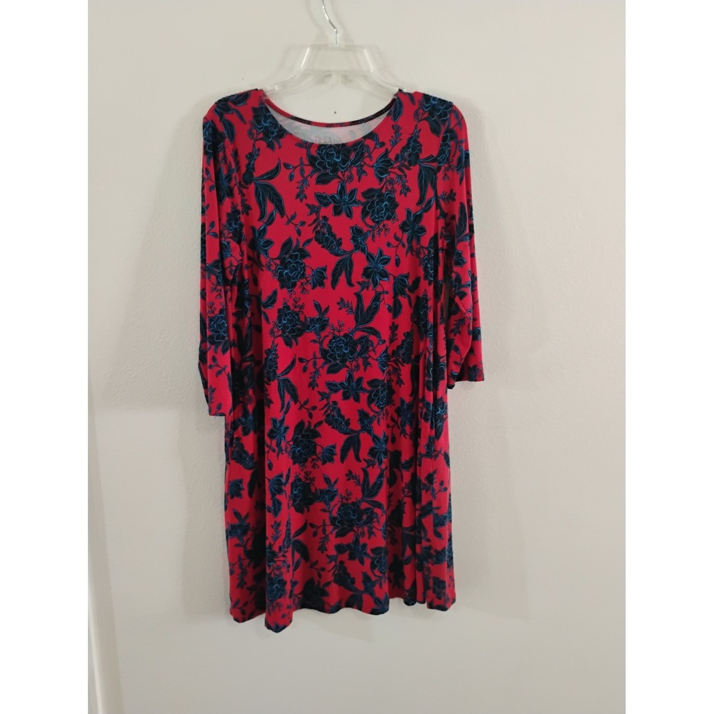Time and Tru Red Blue Floral Knit Swing Dress 3/4 Sleeve Large 12-14